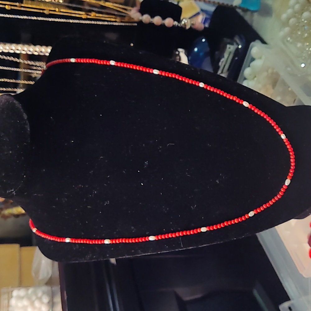Necklace,red coral, freshwater pearls,925 silver,13 inches long,w/room to grow